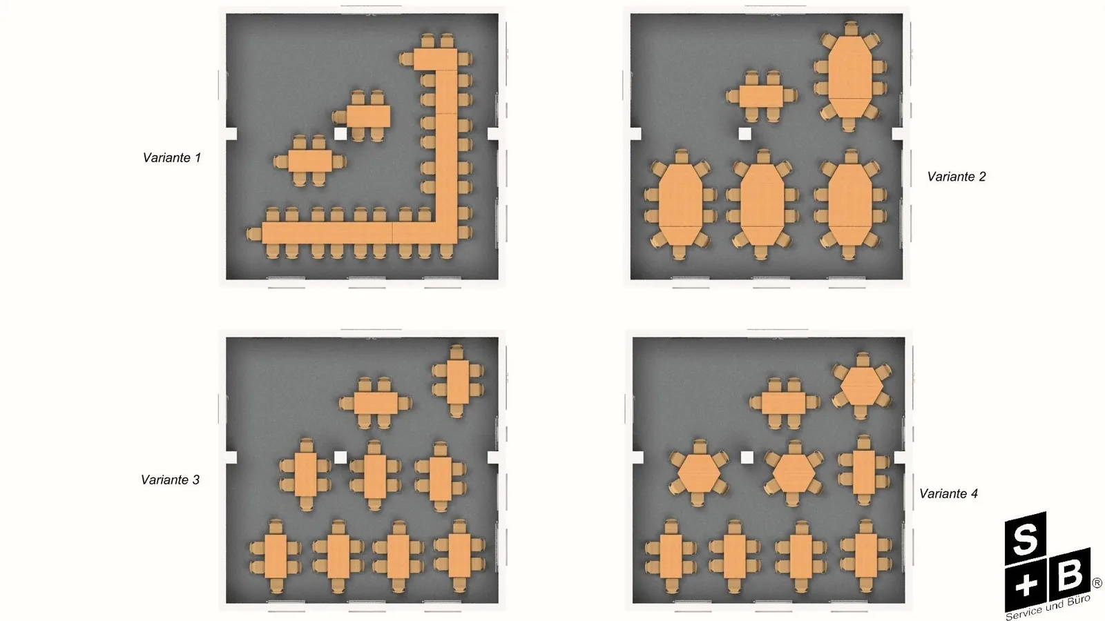 Grafik mit Tisch-Stellvarianten für die Räume des Bürgerhauses